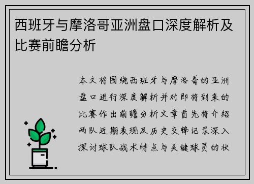 西班牙与摩洛哥亚洲盘口深度解析及比赛前瞻分析
